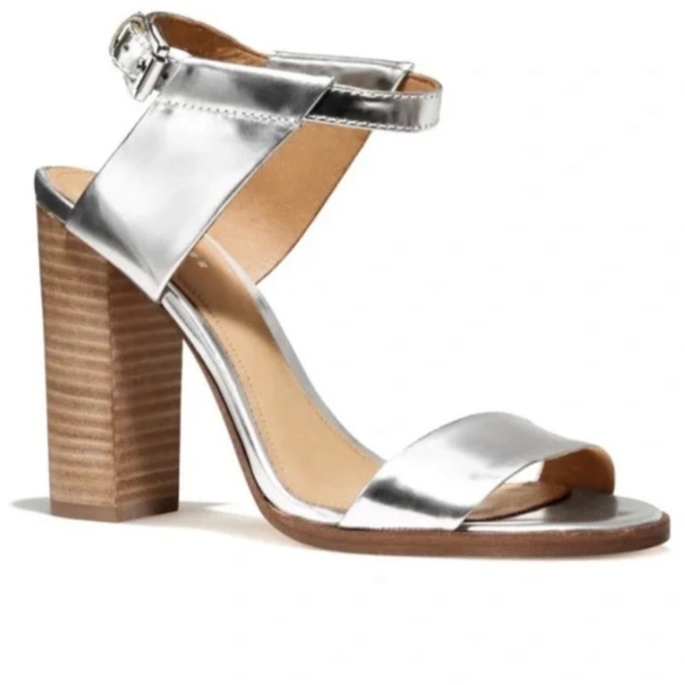 Coach Lexey Mirror Metallic Silver Block Heel Sandals Size 9